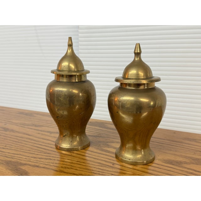 Brass Ginger Jar Urn Shaped Vessels + Lids, Set of Two For Sale - Image 4 of 12