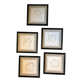 Gallery Wall Collection-Set of 5 Small Wayne Cunningham Abstract Ink Drawings Faux Bamboo Frames- Set of 5 For Sale