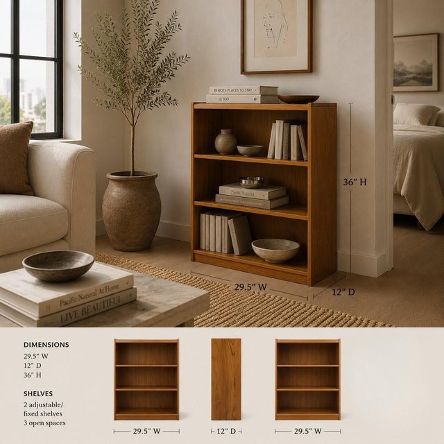 Small Vintage Danish Modern Teak Bookcase. A compact vintage teak bookcase with three open storage levels and a clean...