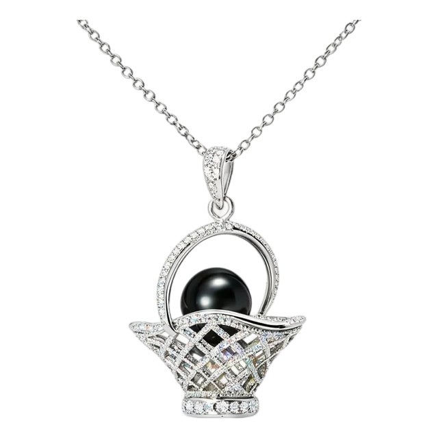 Late 20th Century 14K White Gold Black Pearl Diamond Basket Charm Pendant For Sale