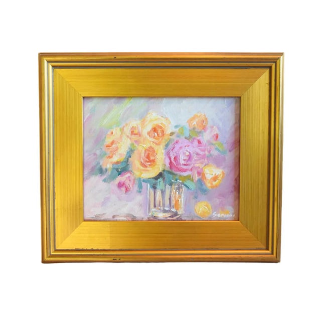 Contemporary Bouquet of Pastel Floral Flowers Roses Oil Painting by Sean Wu Including the Antiqued Gold Wood Frame For Sale - Image 3 of 7