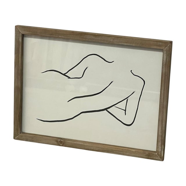 Brown 1970s Contemporary Minimalist Reclining Nude Figure Line Drawing in Wood Frame. For Sale - Image 8 of 10
