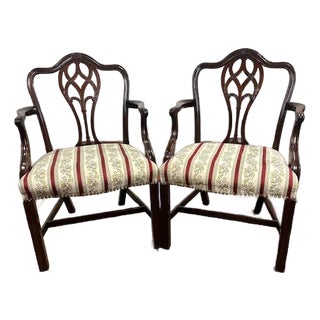 Pair of Antique Chairs - Carved Mahogany With Striped Silk Upholstery For Sale