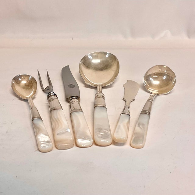 Silver 1920s Antique English Hollywood Regency Mother of Pearl Sterling Silver Serving Utensils - Set of 6 For Sale - Image 8 of 10