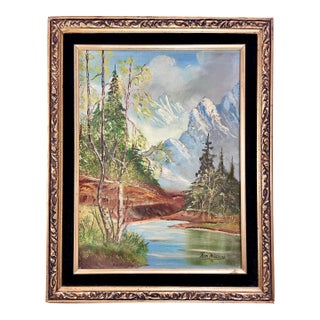 Mid 20th Century Signed Framed Vintage Mountain Landscape Oil on Board For Sale