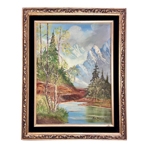 Mid 20th Century Signed Framed Vintage Mountain Landscape Oil on Board