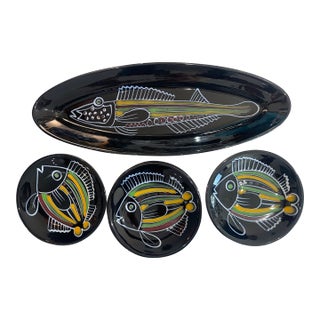 French Robert Picault Black Glazed Ceramic Fish Vallauris Set 15 Pieces For Sale