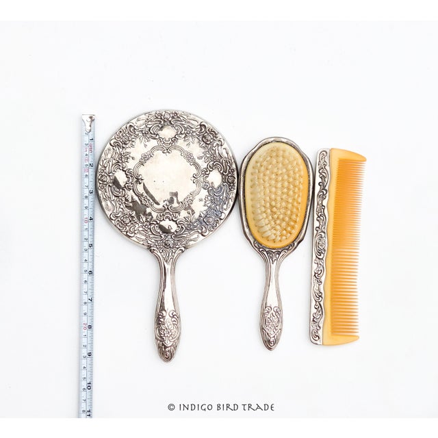 Silver Vintage Silver Plated Repousse Hand Mirror Brush and Comb - Set of 3 For Sale - Image 8 of 8