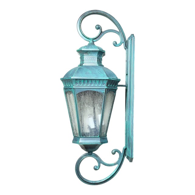 Monumental Coach Style Brass & Bronze Wall Lantern With Verdigris Finish . For Sale
