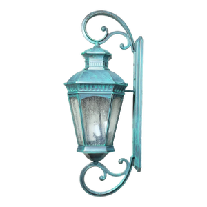 Monumental Coach Style Brass & Bronze Wall Lantern With Verdigris Finish .