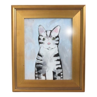 Folk Art Kitten Cat Portrait Painting Including the Antiqued Gold Wood Frame For Sale