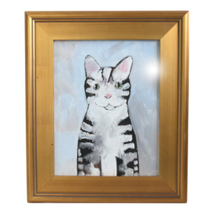Folk Art Kitten Cat Portrait Painting Including the Antiqued Gold Wood Frame