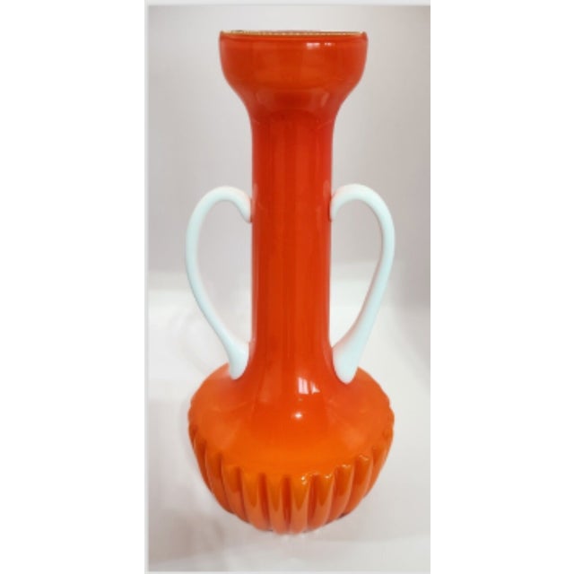 Stunning Vintage Empoli Cased Glass Vase, Applied White Glass Handles For Sale - Image 6 of 11