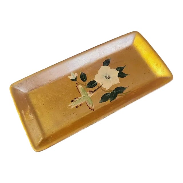 Vintage Baum Brothers Gold Leaf Chinoiserie Bird Floral Trinket Catchall Tray For Sale