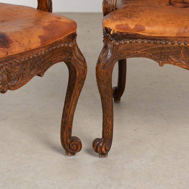 Pair of 20th Century French Oak Armchairs With Vintage Leather For Sale - Image 13 of 18