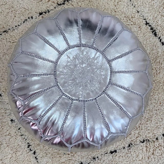 Moroccan Hand-Stitched Leather Pouf Cover – Light Gray Ottoman, Genuine Goat Leather, Marrakech Artisan, Boho Chic Floor Cushion For Sale - Image 6 of 6