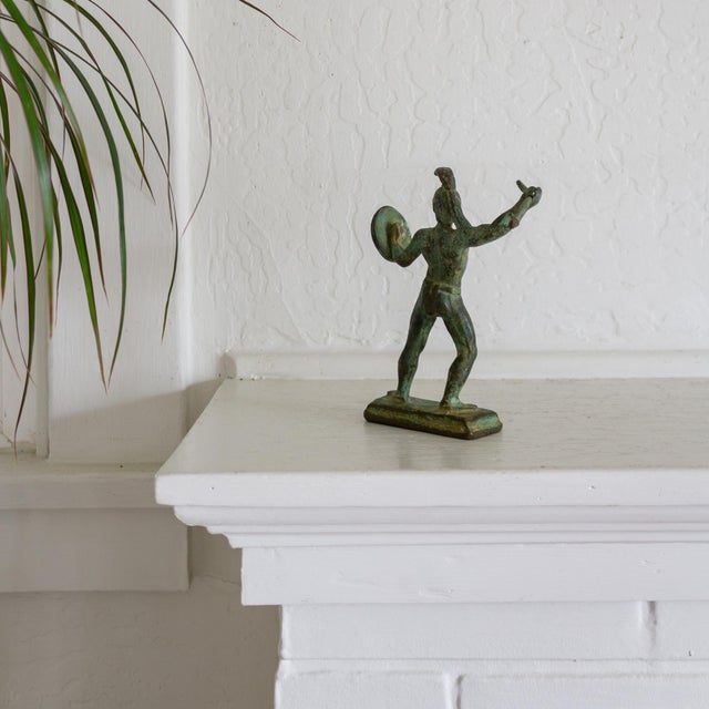 Iron and Verdigris Greek Warrior Figurine With Attic Helmet Spear and Shield For Sale - Image 6 of 14