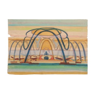 Jean Delpech - the Airport - Original Watercolor on Paper - Mid-20th Century For Sale