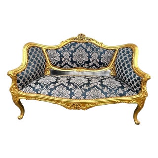 Baroque French Style Settee – Blue Damask Upholstery With Hand-Applied Gold Leaf Frame For Sale