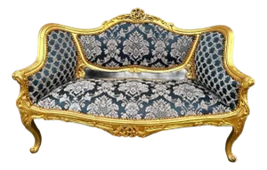 Baroque French Style Settee – Blue Damask Upholstery With Hand-Applied Gold Leaf Frame