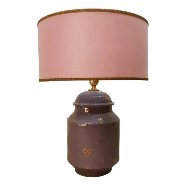 Ceramic Light with Purple Lampshade For Sale