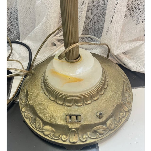 1950s Vintage Mid Century Brass Floor Lamp Floral Hand Painted Shade For Sale - Image 5 of 11