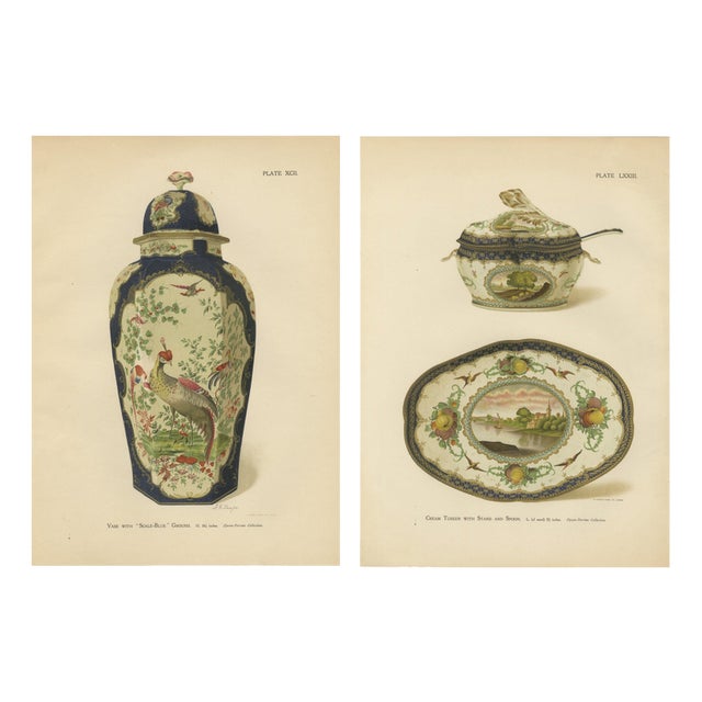 Joseph H. Thorpe, Worcester Porcelain Vases with Pheasant and Panels, 1910, Chromolithographs on Paper, Set of 2 For Sale