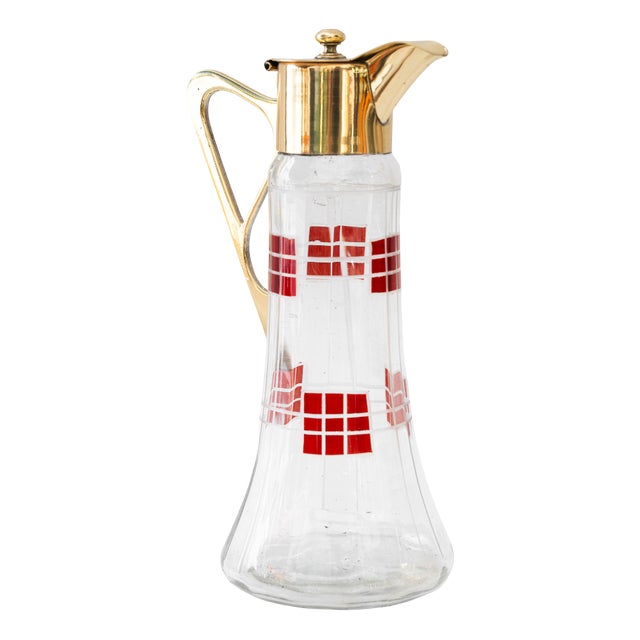 Art Deco Brass and Glass Water Pitcher, Vienna, Austria, 1920s For Sale