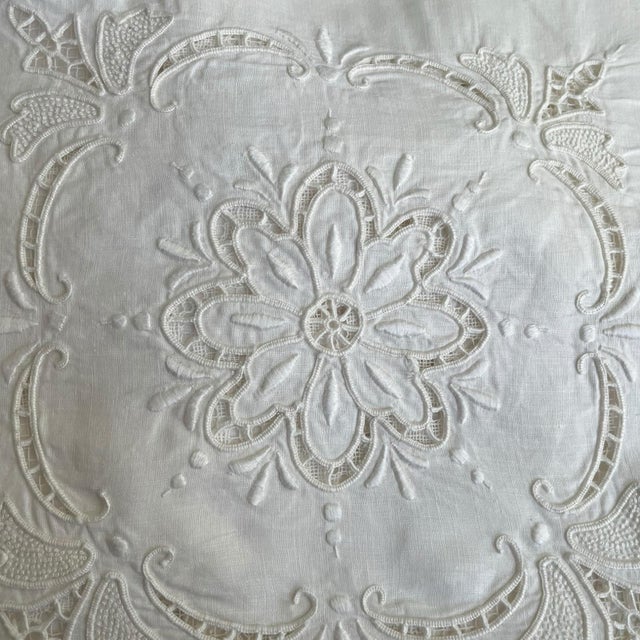 English Vintage Whitework & Cutout Embroidery Tablecloth White Farmhouse Traditional English Cottage Grandmillennial Floral For Sale - Image 3 of 7