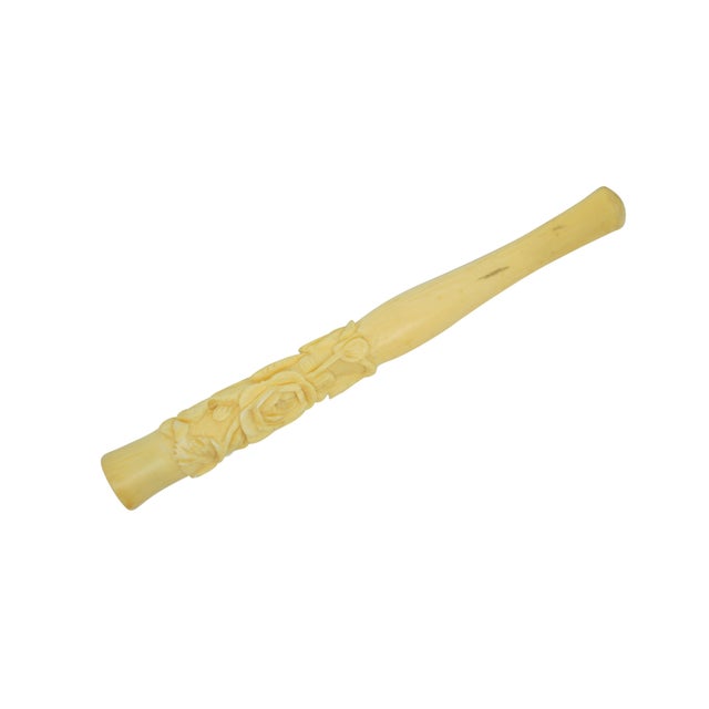 Victorian Vintage Hand Carved Bone Cigarette Holder Stick High Relief Foliate Flowers 4" For Sale - Image 3 of 11