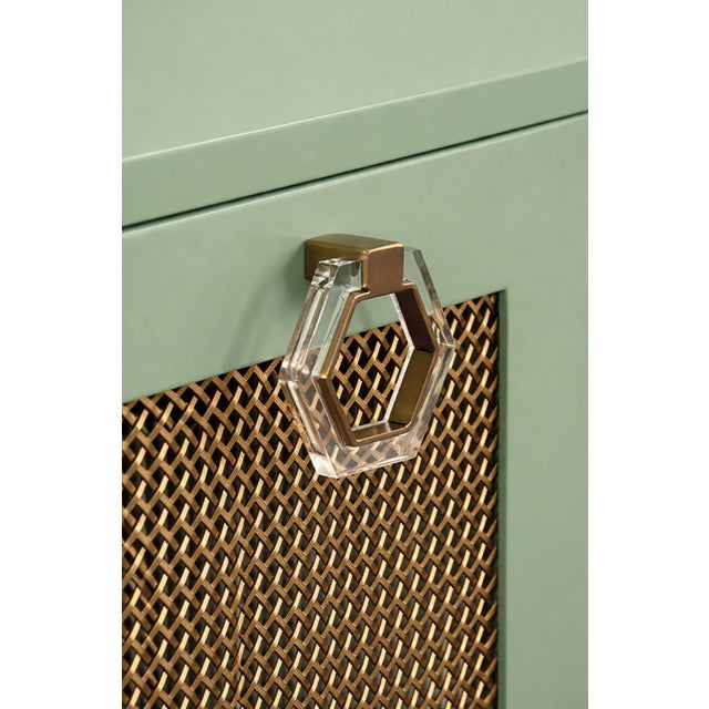 Worlds Away Matthew Izzo Home Glossy Sage Green Four Door Buffet With Brass Front Doors and Acrylic Door Pulls For Sale - Image 4 of 6