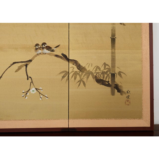 Japanese Showa Four Panel Screen Spring Bamboo Landscape For Sale - Image 11 of 18
