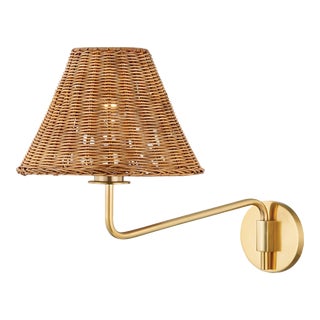 Mitzi Issa 1-Light Portable Plug In Wall Sconce with Rattan Shade, Aged Brass For Sale