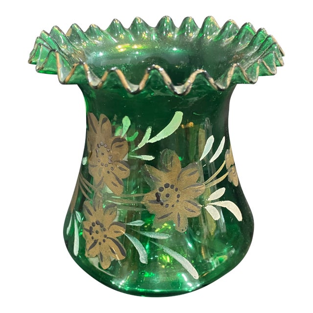Vintage Bohemian Hand Blown Green Glass Ruffle Vase With Hand-Painted Gold Enamel Flower Pattern and Leaves For Sale