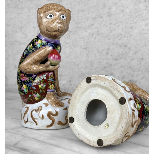 Vintage Chinese Chinoiserie Porcelain Monkey Holding Peach Sculpture - A Pair For Sale - Image 10 of 10