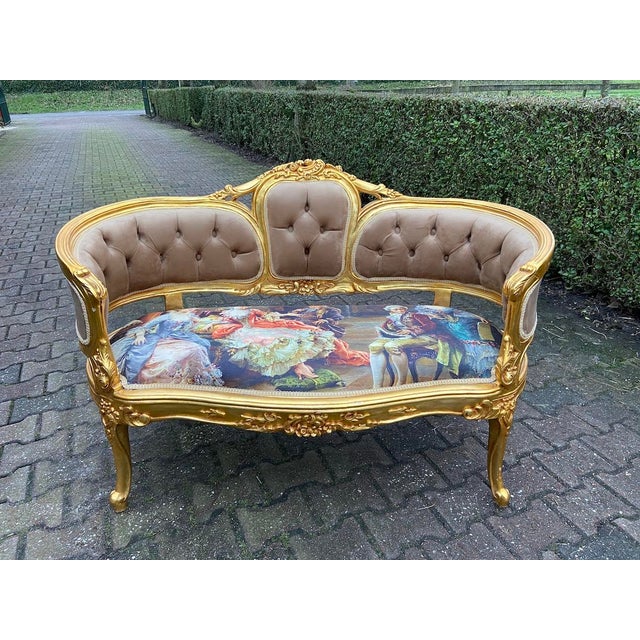 French 1970s French Louis XVI Gold Beech Brown Velvet Settee 1pc For Sale - Image 3 of 14
