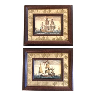 Gallery Wall Collection-2 Vintage Small Tall Ship Prints Original Greek Key Frames -A Pair For Sale