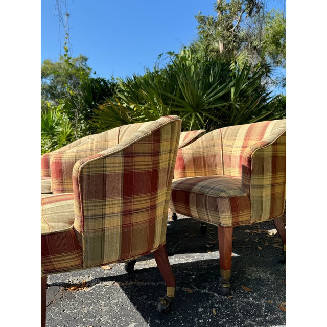 Set of 4 Vintage Plaid Upholstered Game Table Chairs | Campaign-Style Club Chairs For Sale In Tampa - Image 6 of 8
