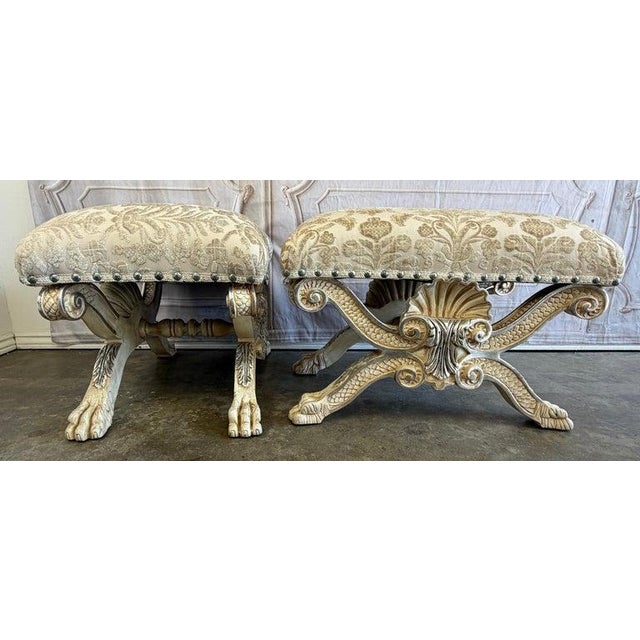 Pair of Italian Venetian Baroque Curule Stools - Hand - Carved Silvered Gilt For Sale - Image 9 of 12