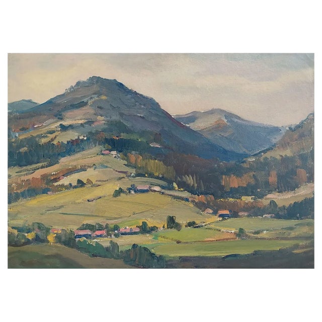 Janis Lauva, Mountain Landscape with a Village, 1980, Oil on Cardboard For Sale