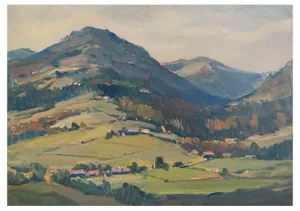 Janis Lauva, Mountain Landscape with a Village, 1980, Oil on Cardboard