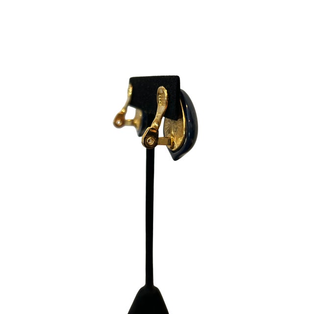 Late 20th Century Vintage Monet Blue Cabochon Clip-on Earrings | Gold-Tone Setting | Signed Monet | Classic Designer Costume Jewelry, A Pair For Sale - Image 5 of 7