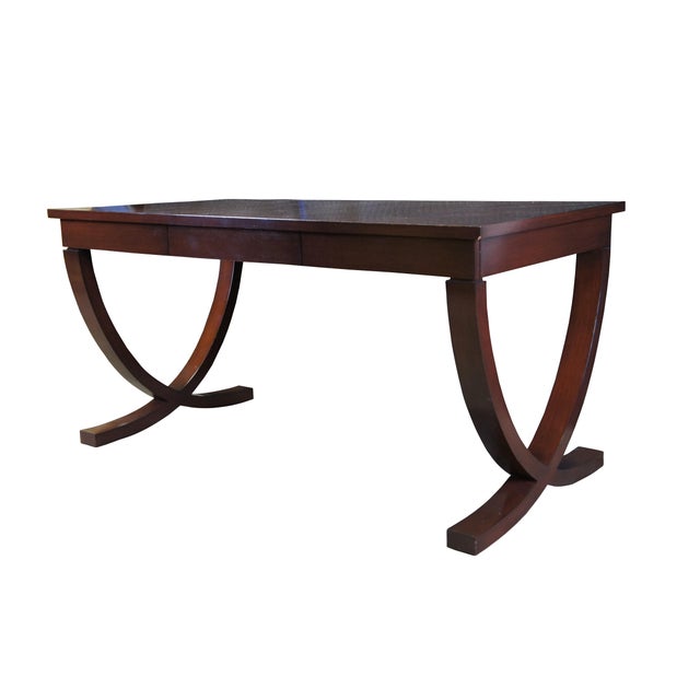 Vintage writing desk in the style of Michael Vanderbyl for Decca / Bolier & Co. Made from rich mahogany veneers, having a...