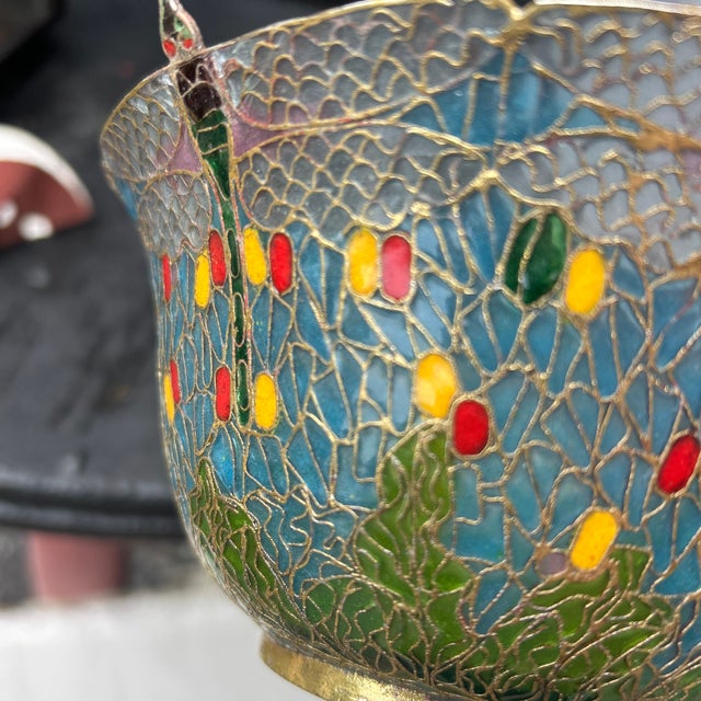 Pristine 7" Vintage Chinese Plique-À-Jour Transparent Enamelled 7-Dragonfly Bowl For Sale - Image 10 of 12