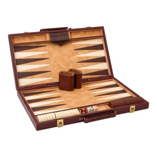 Vintage Leather Travel Backgammon Set With Suede Inlay — Complete Attache Case Game Set, 18" For Sale