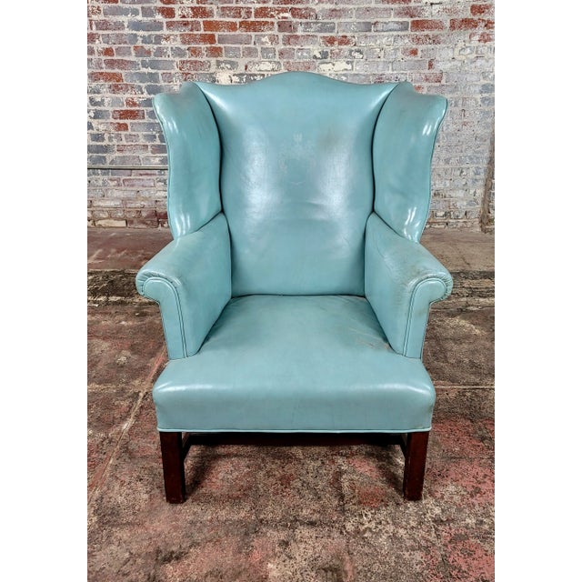18th century Teal leather upholstered wing Chair-George III Dimensions: height 42in (106.5cm); width 31in (78.5cm); depth...