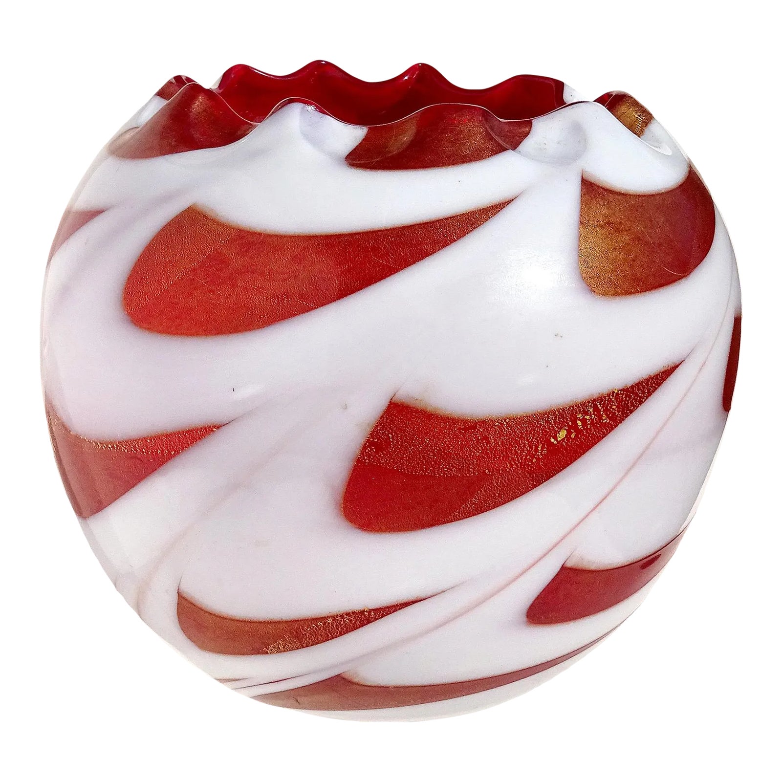 Vintage Murano Red Gold Flecks White Pulled Feather Design Italian Art Glass Rose Bowl Flower