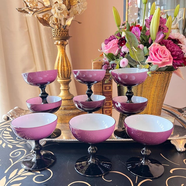 1960s 1960s 9 Carlo Moretti Amethyst cased glass coupe glasses // eggplant or raisin colored blown glass // purple and white colored glass stemware For Sale - Image 5 of 13