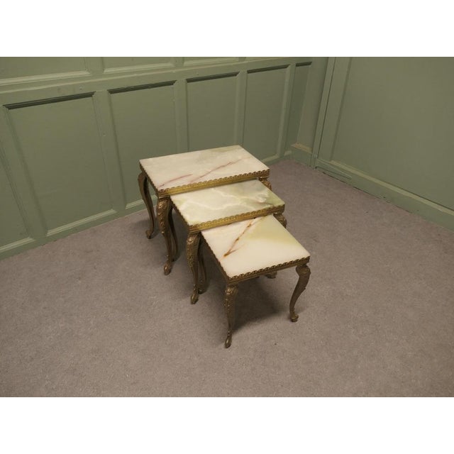 Brass Nesting Tables with Marble Tops, 1920, Set of 3 For Sale - Image 3 of 8