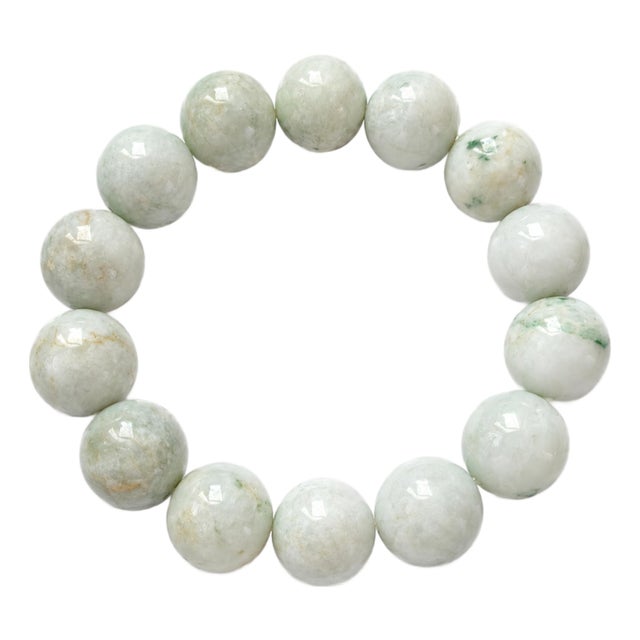 Burmese Pale Celadon Jade Beaded Stretch Bracelet, 9 Inch For Sale